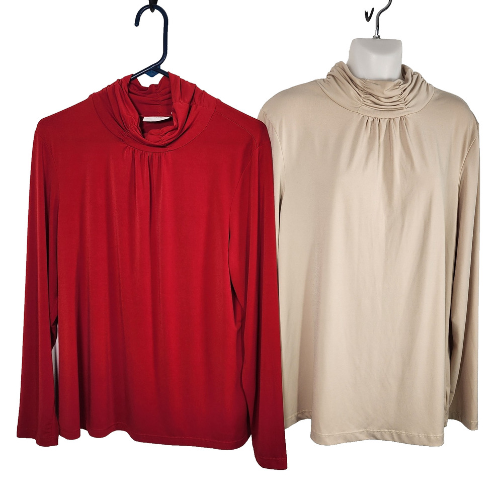 Susan Graver Essentials Women Ruched Turtleneck Top Beige Red Liquid Knit A91298